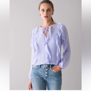 Long Sleeve Ruffled Tie Neck Blouse, WHBM, Lavender/Periwinkle Chiffon, Size L